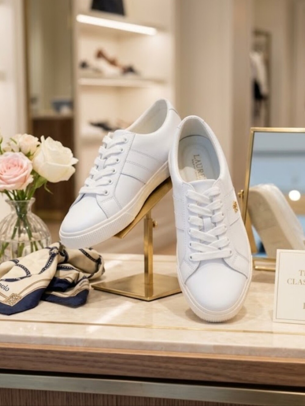 Lauren Ralph Lauren White Lace-Up Sneakers with Gold LRL Logo Size 7
